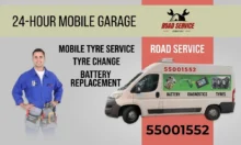 24-hour mobile garage Kuwait. Roadside service van for tyre change, battery replacement, and diagnostics with contact number 55001552.