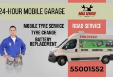 24-hour mobile garage Kuwait. Roadside service van for tyre change, battery replacement, and diagnostics with contact number 55001552.