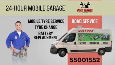 24-hour mobile garage Kuwait. Roadside service van for tyre change, battery replacement, and diagnostics with contact number 55001552.